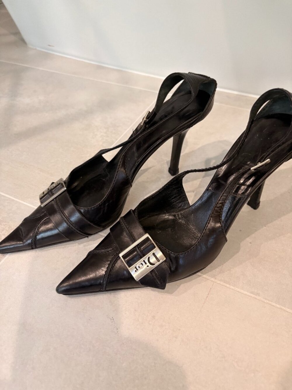 Christian Dior Vintage Black with Silver hardware slingback sandal size 36.5
